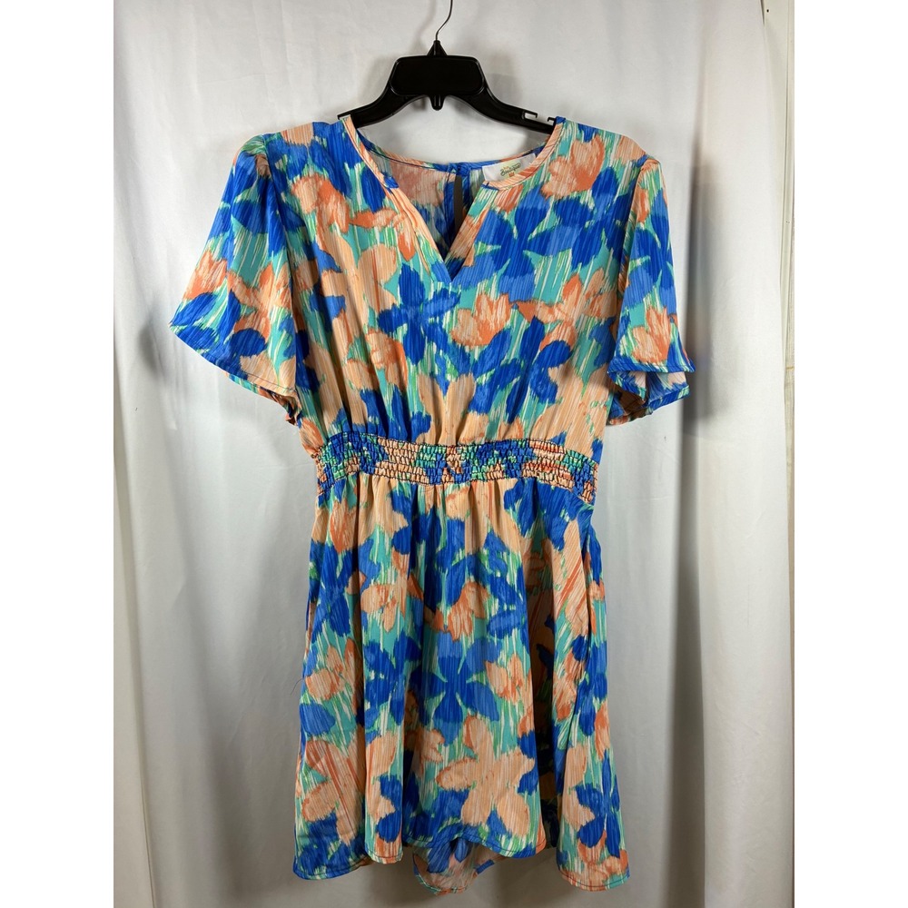 31:25 Boutique Womens Floral Smocked Waist Romper Blue Orange 1XL HR7022CX